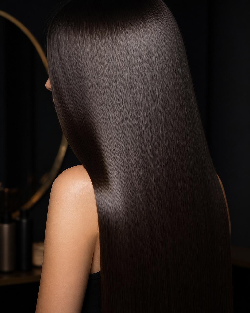 Cabelo liso, alinhado e brilhante com acabamento profissional de salão
